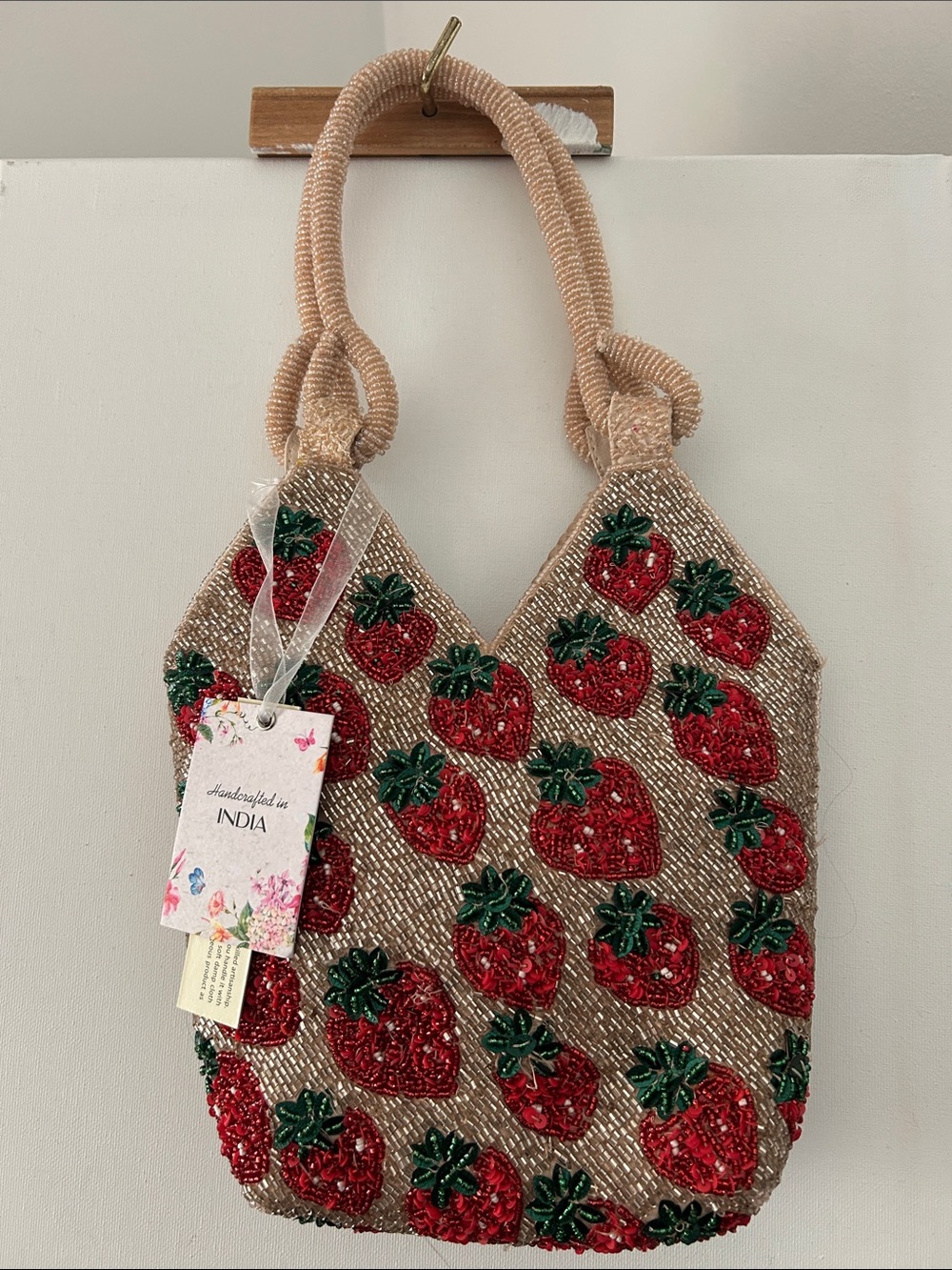 Handcrafted Beaded Strawberry Tote Bag - Beige with Red & Green Accents